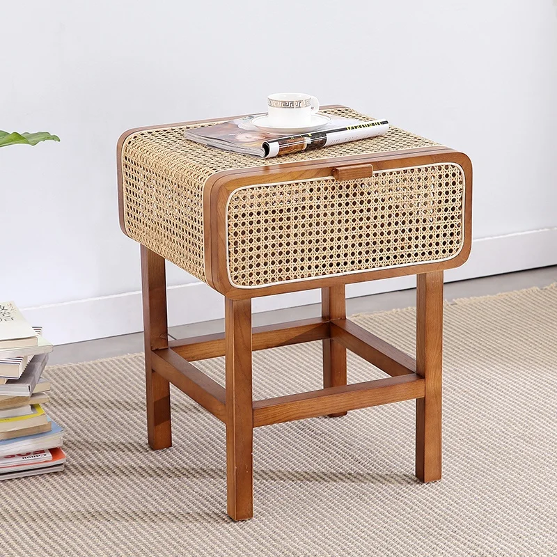 
Natural Rattan Cane Wood Bedside Night Table 