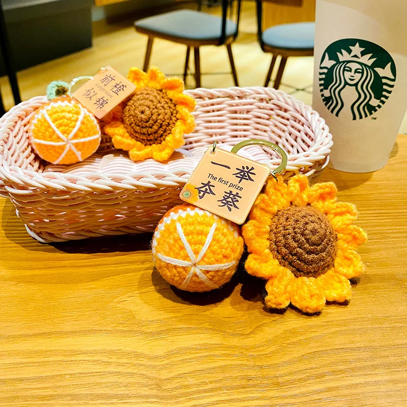Creative Hand-Woven Plush Sunflower Pendant Keychain Keys Female DIY Crochet Fruit Persimmon Charm Keyring Bag Hanging Ornament