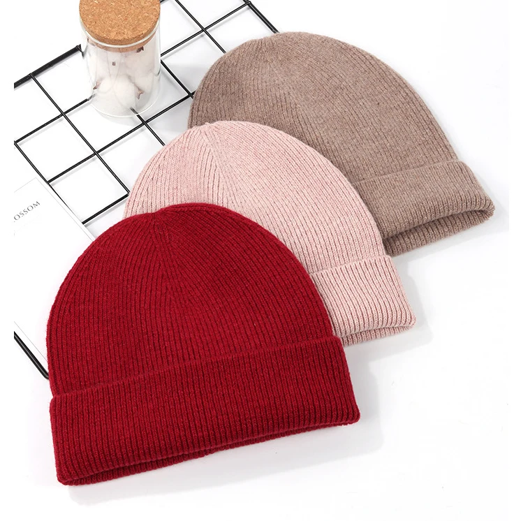 Autumn winter high quality solid color cashmere hat man woman unisex warm cuffed wool beanie