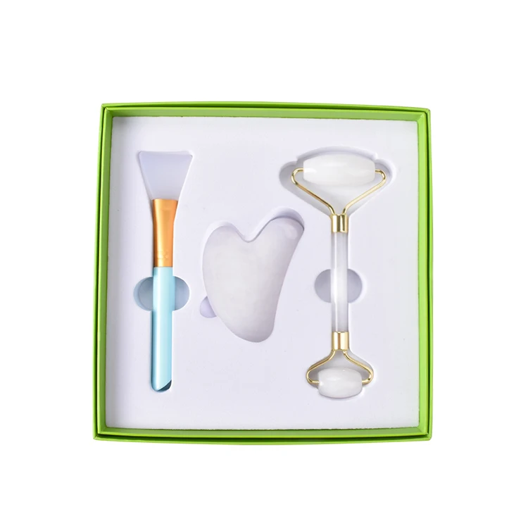 Custom logo crystal massage beauty white jade facial roller gua sha set with box