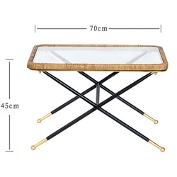 Hot Sale Farmhouse Retro Antique Living Room Sofa Balcony Corner Design Tempered Glass Rattan Coffee Table