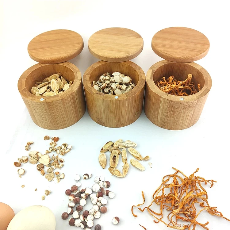 Bamboo Seasoning Jar Salt Box With Magnetic Suction Rotating Lid Spice Kitchen