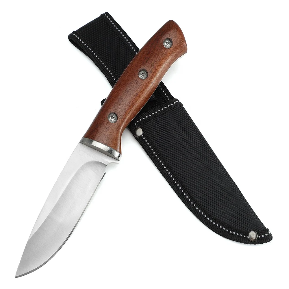 Custom LOGO Stainless Steel Red Sandalwood Handle Camping Hunting Fixed Blade Knife With Nylon Sheath
