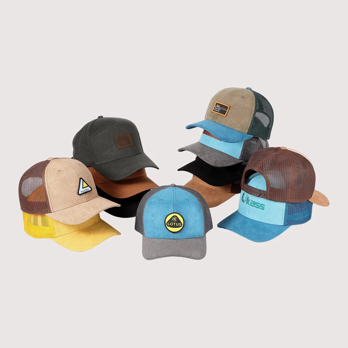 Guangzhou custom rubber patch lgo snapback trucker hats mesh