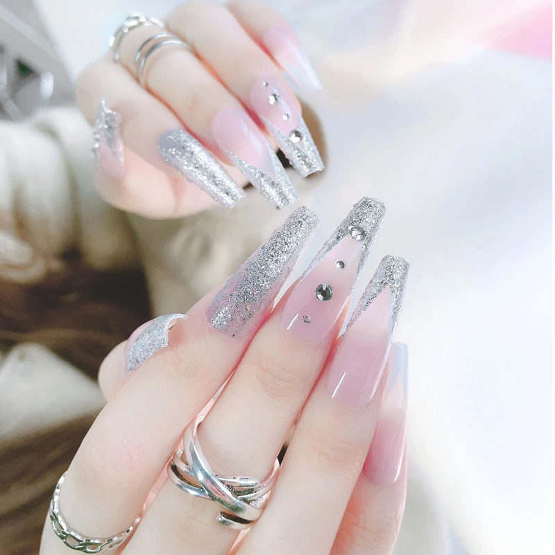 2022 New Full Cover 24 pieces French ballet artificial nail with rhinestone finger nails artificial fingernails design nail tips
