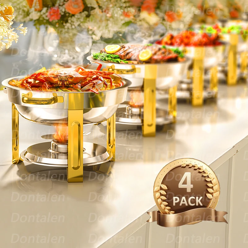 Wholesale 4pcs Set Round Shape Stainless Steel Chafing Dish Buffet Set Luxury Display Food Warmer Set Dual Use Of Hot And Cold