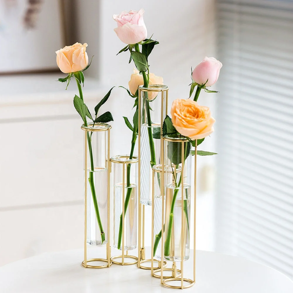  2021TF Amazon Hot Sale Iron Flower Glass Vase multi-shaped home decoration iron