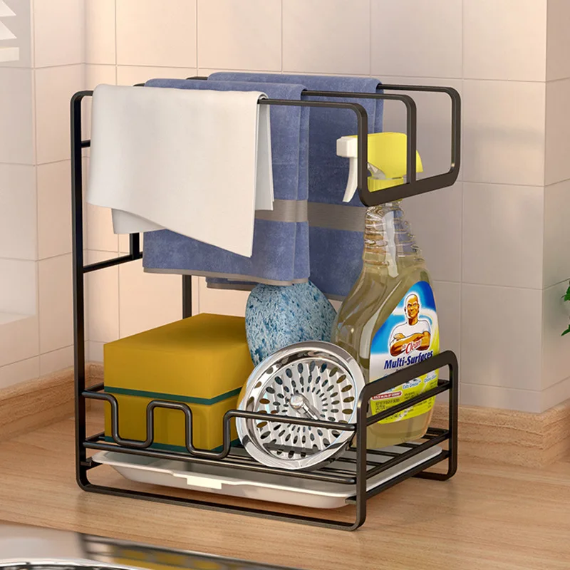 Multi-functional Carbon Steel Kitchen Sink Shelf Soap Sponge Drain Rack Towel Hanging Holder