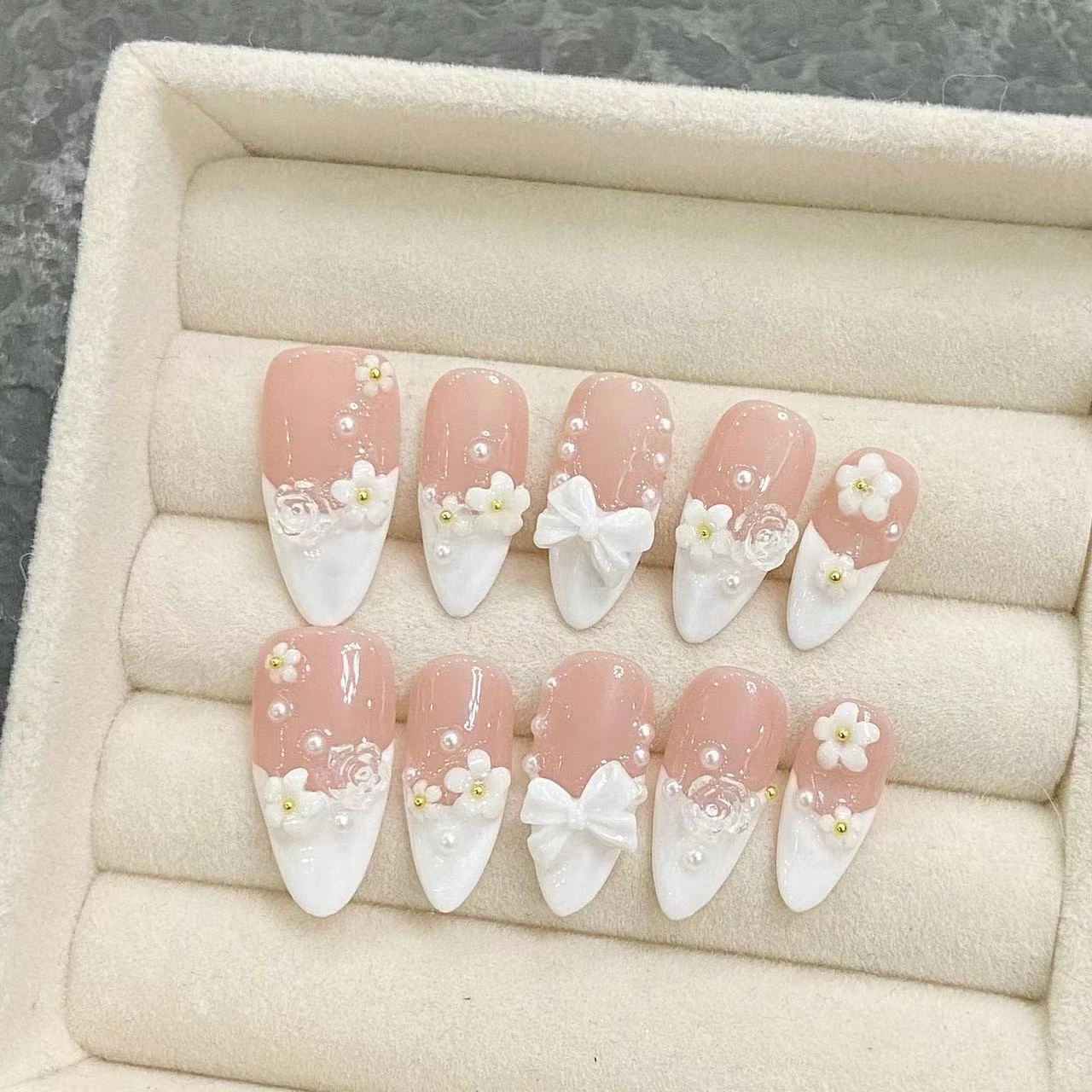 Wholesale Long French Rhinestone Decorative Three-Dimensional Flowers ABS Acrylic Press Fake French Fingers Artificial Bags
