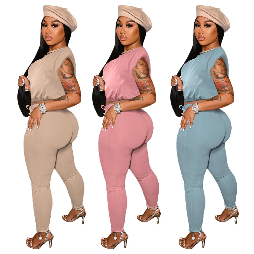 M7559 New arrival solid color crop tank top 2 piece pants set matching sets spring 2022 womens clothing