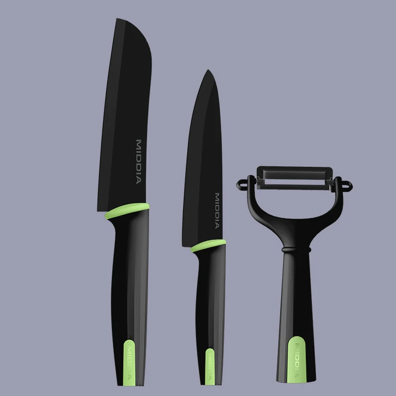 MIDDIA Factory Price Zirconia Ceramic Fruit Knife set 3 Pieces Peeler For Kitchenware Kitchen Knife Set  Black Chef Knives