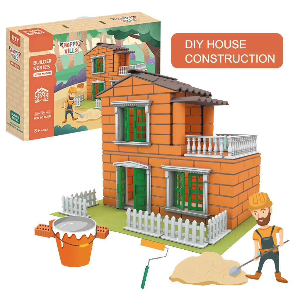 Cement Worker Two Storey Villa Construction Decorate Building Block Toy Set For Children