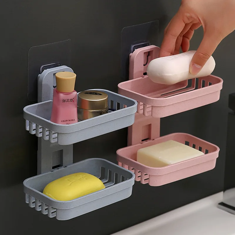 Non perforated bathroom drainage wall mounted soap box storage rack suction cup double-layer soap holder