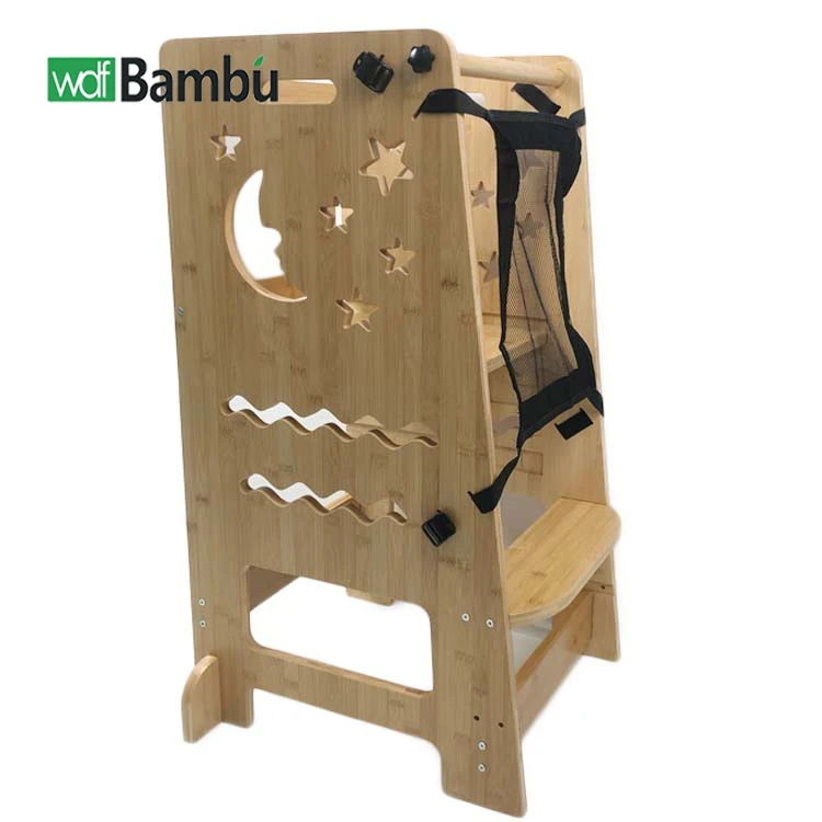 WDF High Quality montessori learning observation tower wooden ladder chair kitchen helper bamboo learning tower for kids using
