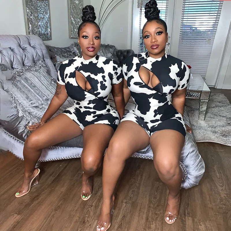 
2020 New Sexy Cow Print Cut Out Short Sleeve One Piece Bodycon Jumpsuit Women 
