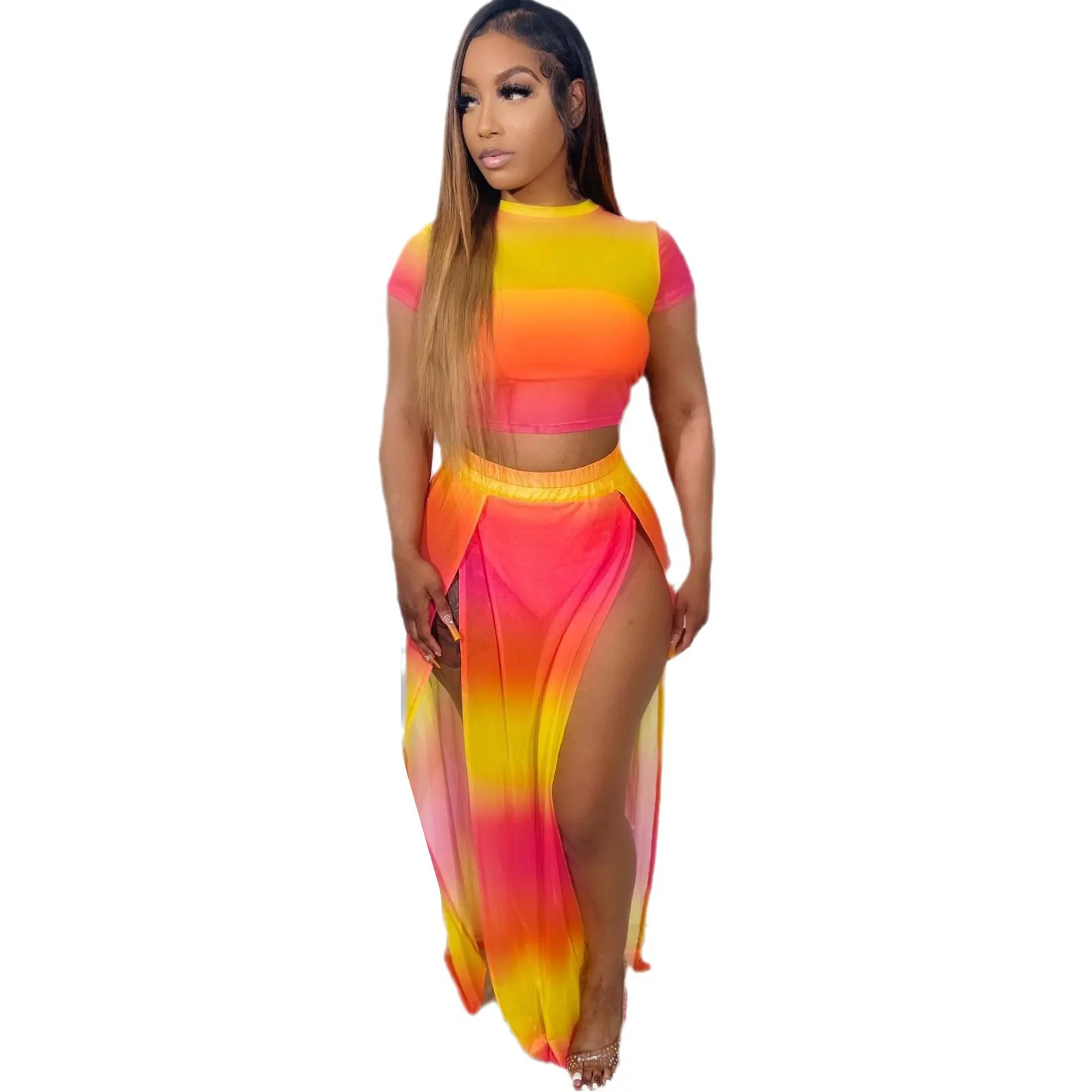 Designer Boutique Streetwear Vintage Sexy Casual Summer Beach Vacation Gradient Color Bodycon High Split Full Length Skirt Set