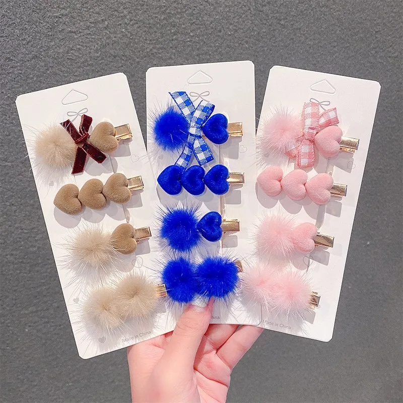 4pcs/set New Klein Blue Mink Hair Ball Hairpins Set Girl Bowknot Love Metal Temperament Set Hair Accessories