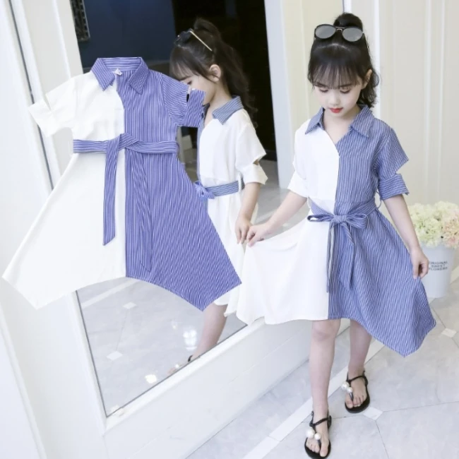 
SE7171 wholesale kids clothes fancy patchwork lace striped pattern colourful girls dress with belt 