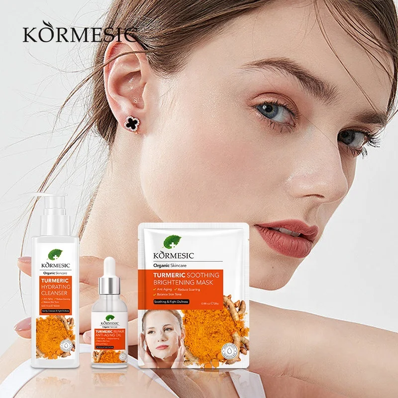 KORMESIC Organic Skin Care Set Anti Acne Whitening Turmeric Root Cream Face Care Private Label Turmeric Skin Care Set