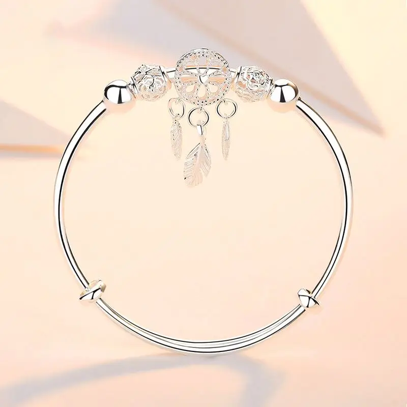 Wholesale Elegant Adjustable Silver Coated Dreamcatcher Tassel Round Bead Bangle Pulsera Bracelet For Women