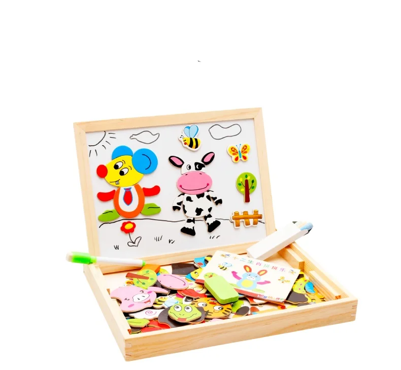 Double Side Magnetic Easel & Dry Erase Board Wooden Educational Toys for Kids 2-4 Years DIY Puzzles & Games Boxed