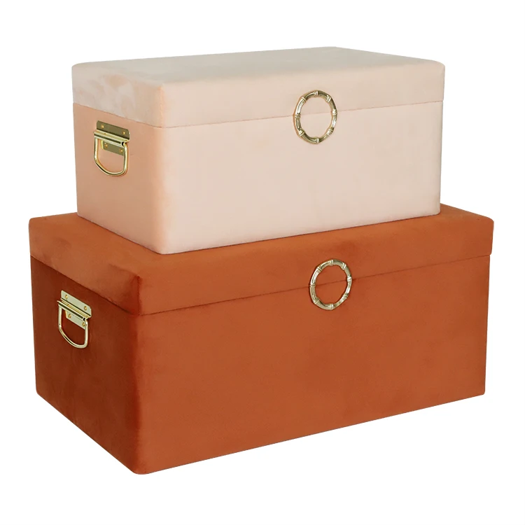Set of 2 brown and peach fuzz travel trunks velvet storage trunk with gold metal handle