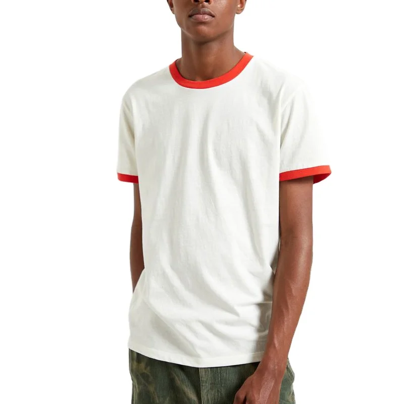 Wholesale White Ringer T-shirts Men Customized tags Organic Cotton Contrast Collar Tee