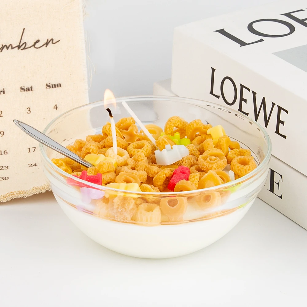 Custom Package Home Decor Gifts Unique Food Fruit Loop Bowl Cute 3 Wick Vanilla Scented Soy Cereal Candle With Spoon