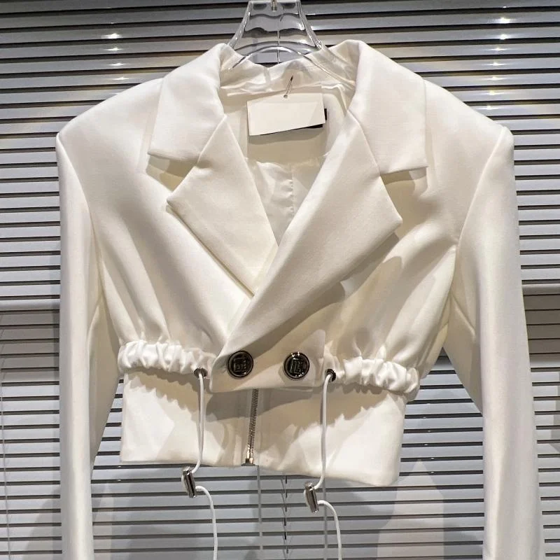 OUDINA Fashion Drawstring Design Celebrity Suit Jacket Blazer Crop Top Lades Women Cropped Blazer