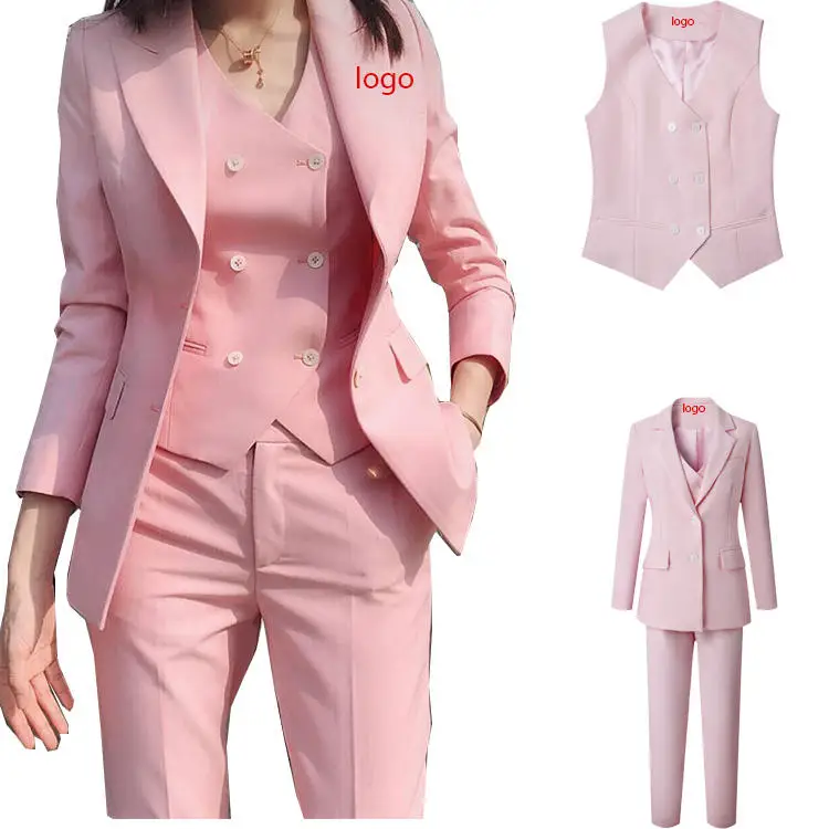 Three Piece Slim Fit Business Office Wedding Party Wear Tailor Made Pink Woman Suits Office Women Blazer Set