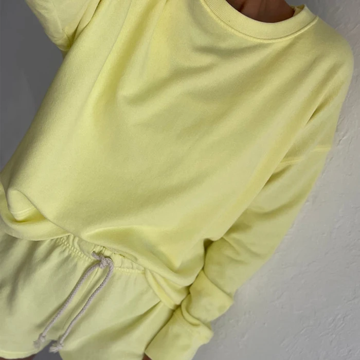 Customized Bright Yellow French Terry Pull Over Sweatshirt Loungewear Shorts women outfit sets