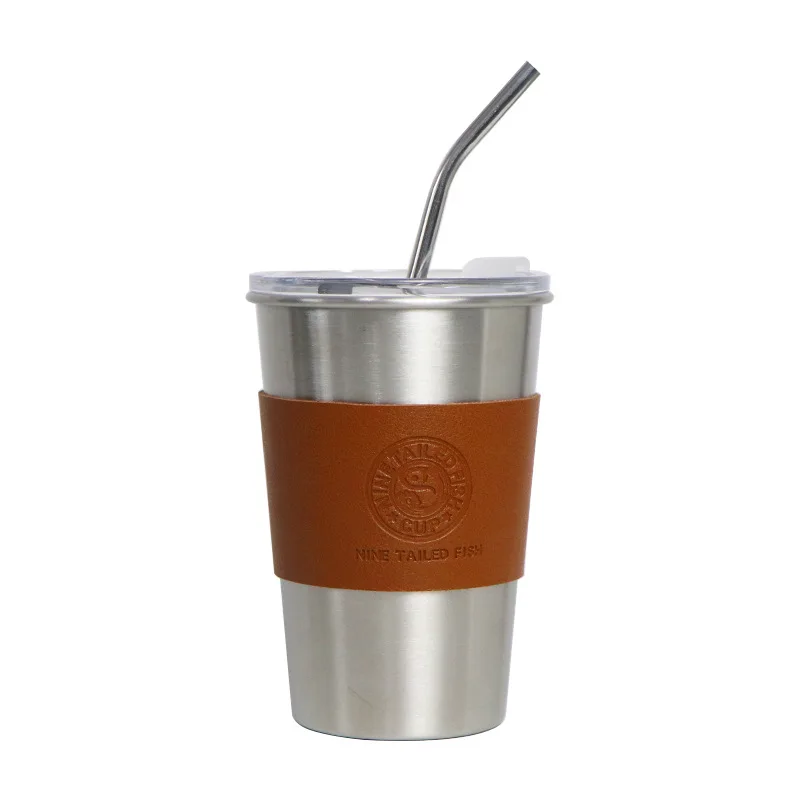 Wholesale printed logo single layer leather cover industrial style outdoor camping stainless steel coffee cup