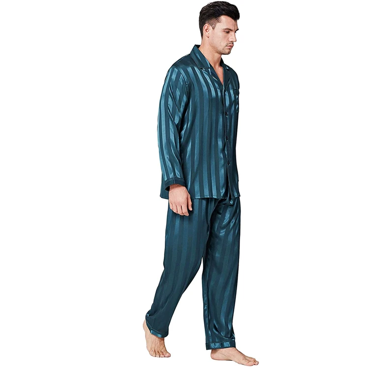2021 Classic Pajamas Mans  Button Down Long Sleeve Wide Strip Soft Satin Sleepwear Pajamas Sets Men Loungewear