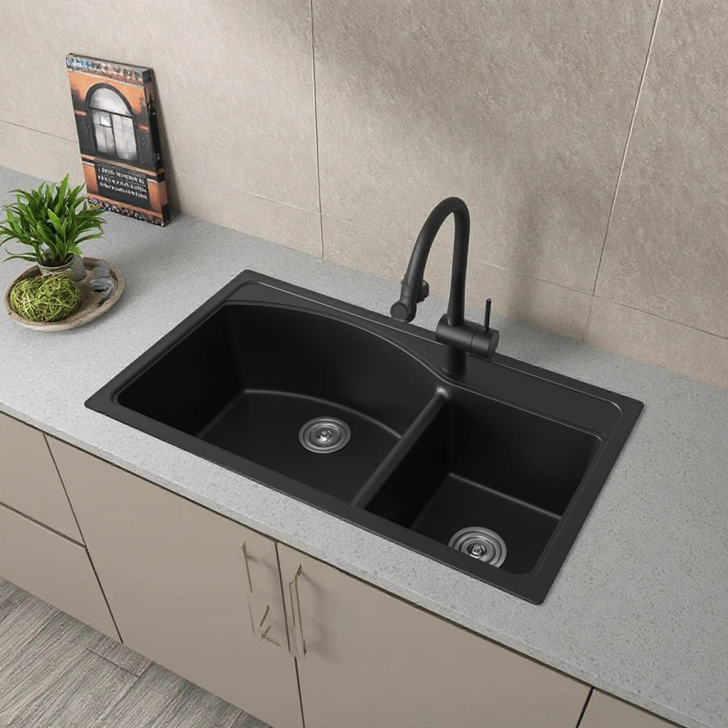 Modern Double Bowl Kitchen Sink Factory Simple Black White Undermount with Rectangular Shape One-Hole Installation for Hotels