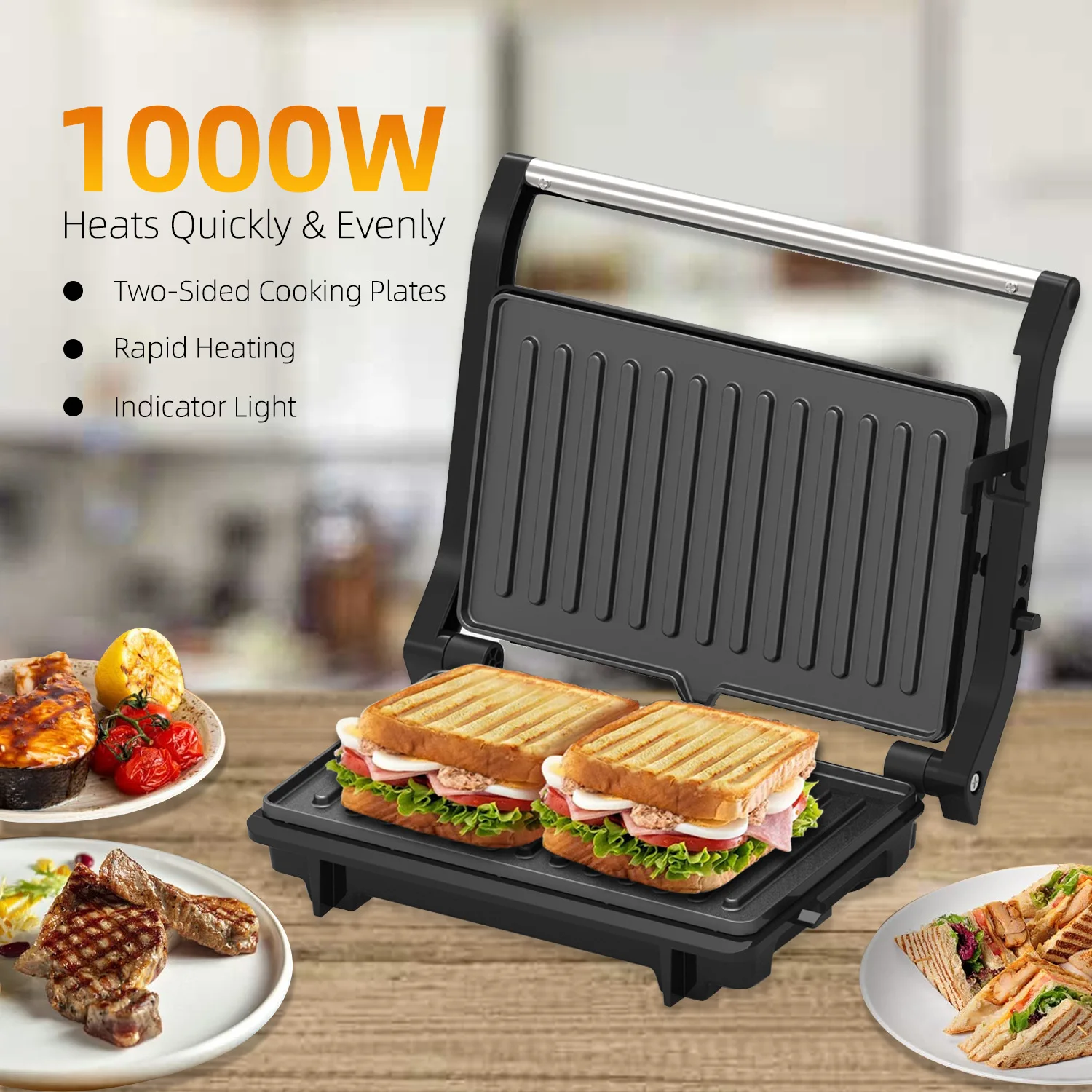 1000W Sandwich Maker, Electric Sandwich Press Machine 2 Slice Double Big Contact Panini Grill Double Contact Grill
