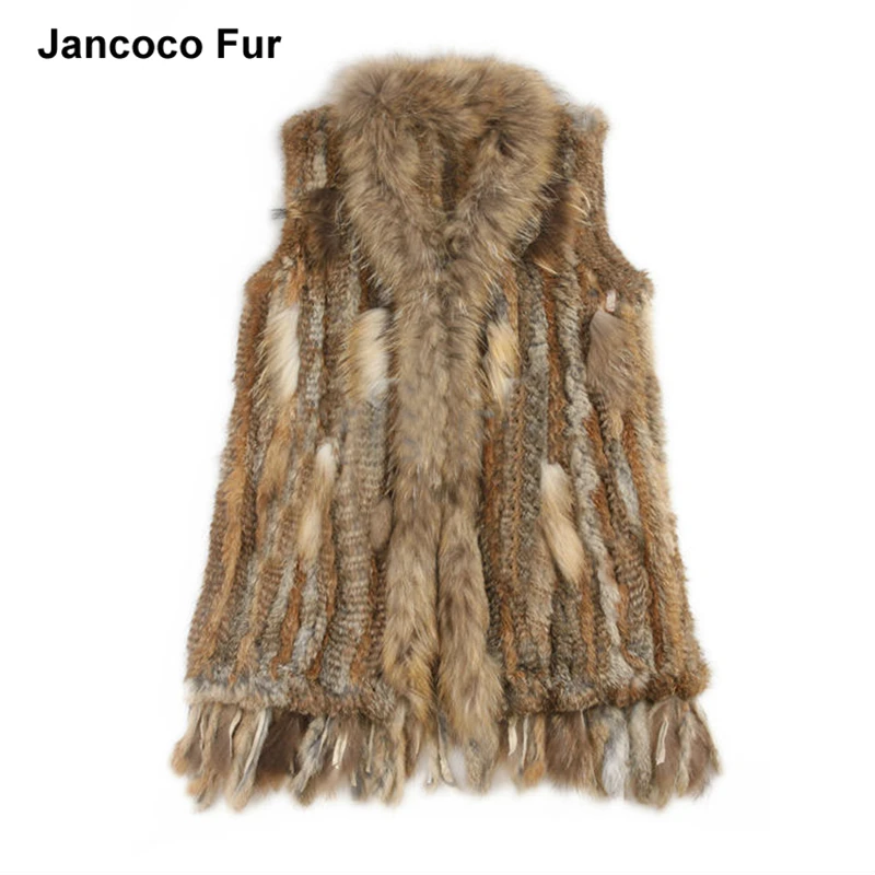 Latest Style Warm Women Knitted Real Rabbit Fur Vest with Raccoon Fur Collar Natural Fur Waistcoat Gilet