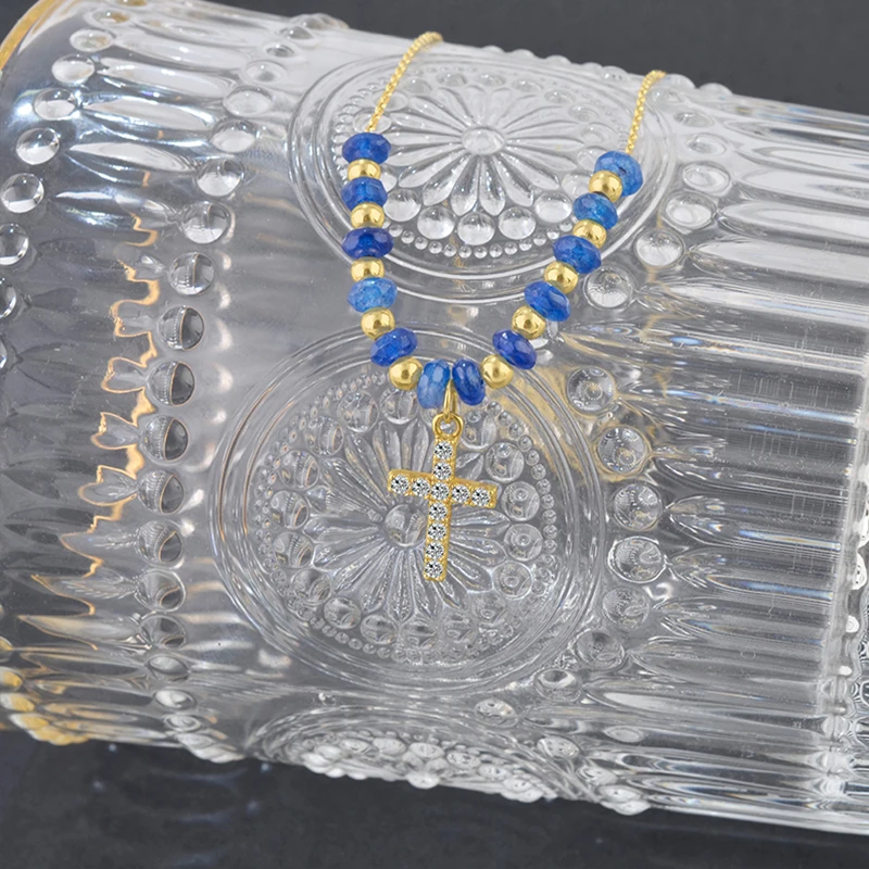 Hot Sale 925 Sterling Silver Gold Plated Necklace Blue Stone Beaded Shiny Zircon Cross Pendant Charm Necklace