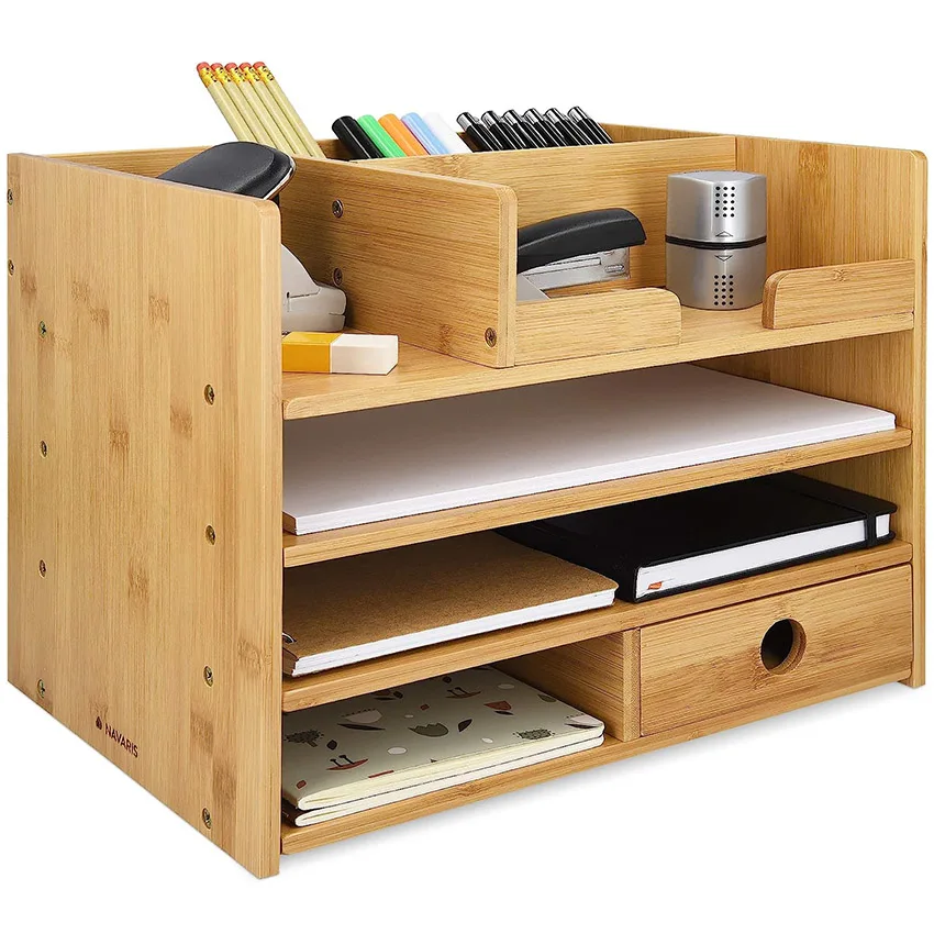 Bamboo Desk Organizer Wood Desktop Storage Drawers for Stationery, Documents Files Office Accessories