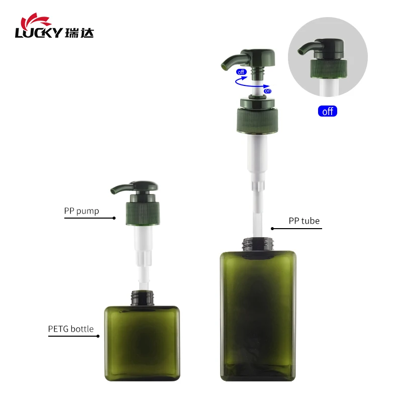 Wholesale 250ml 450ml 650ml Green Amber PETG Cosmetic Packaging Bottle Plastic Square Shampoo Empty Lotion Pump bottle