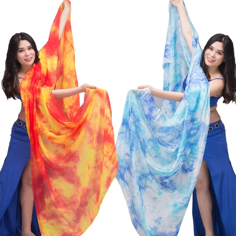 Colorful Real Silk Veil Tie Dye Floral Egypt Belly Dance Costume  Accessory Hand Throw Scarf Pop Song Arabic Wedding Party Wear