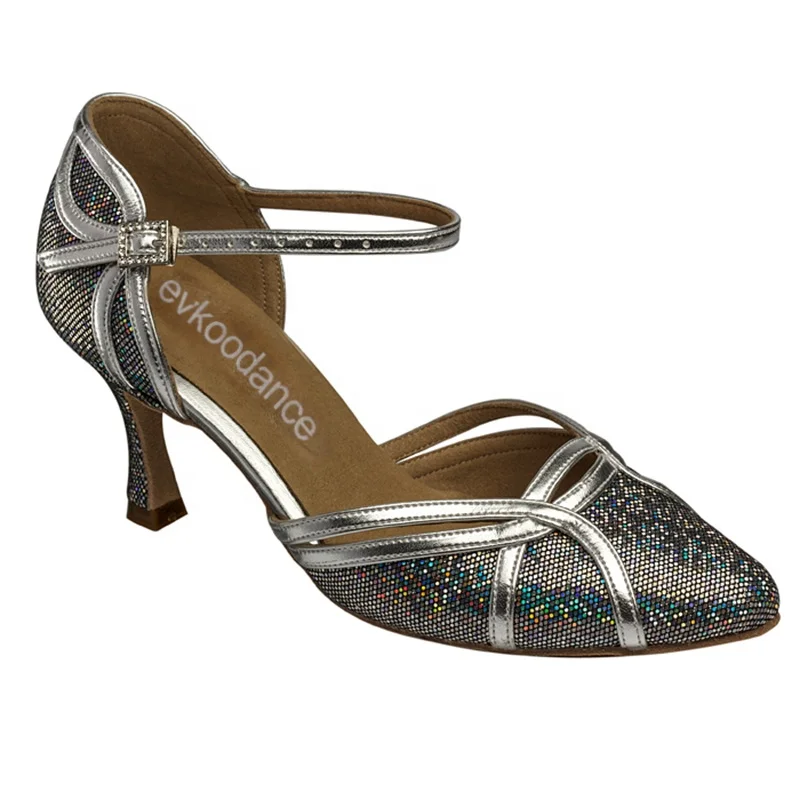 New Arrival  Latin Dance  Women Sport 7cm Heel Silver PU With Glitter Size US 4-12 Latin Salsa Ballroom Dance Shoes