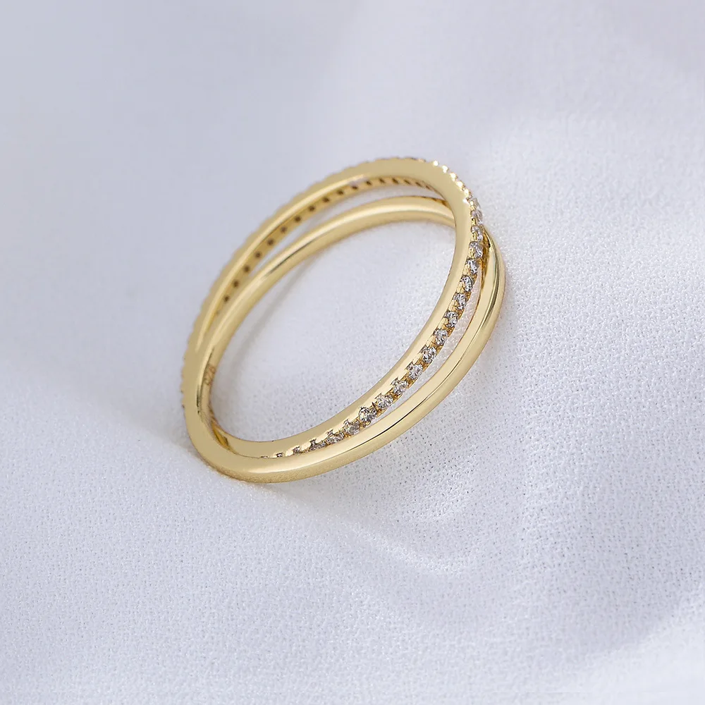 Wholesale Fashion Jewelry 925 Sterling Silver Double Circle Loop Cross Zircon Gold Plated Rings for Women