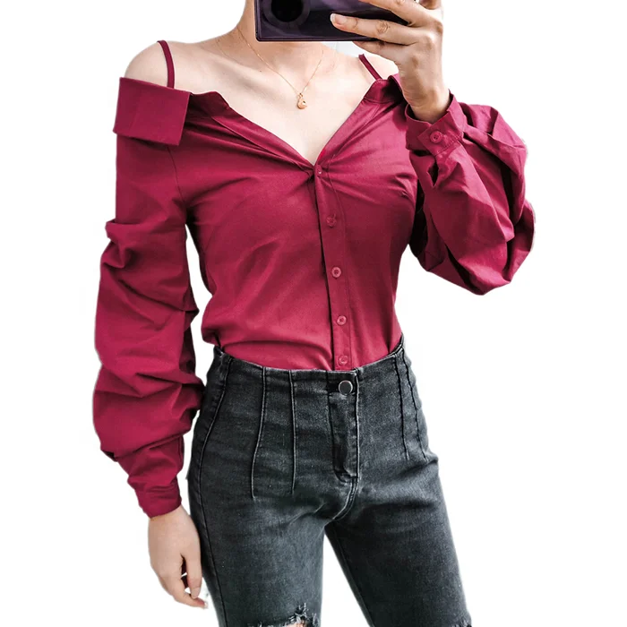 
 Express Ebay 2021, Весенняя женская винно-красная блузка с длинным рукавом и открытыми плечами  