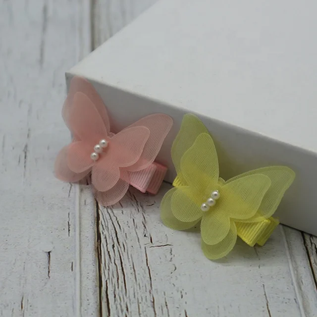 New Arrival Lovely Hair Clip Accessories Butterfly For Kids,Organza Butterfly Pearl Decoration Alligator Clips