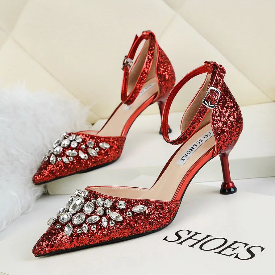 2021 New Rhinestone High Heels Cinderella Shoes Women Pumps Pointed toe Woman Crystal Party Wedding Shoes 6.5cm heels