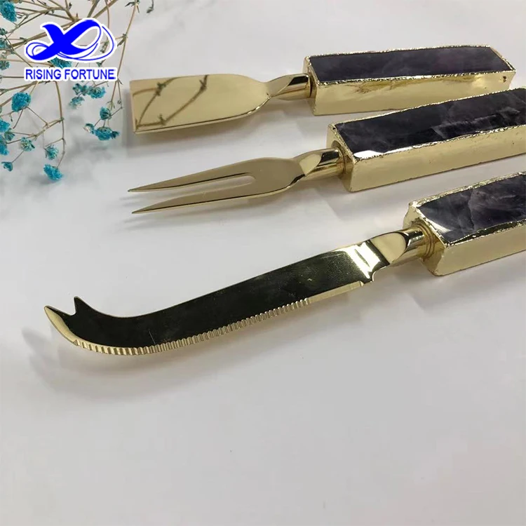 China High Quality Shovel Spreader Fork Luxury Rose Quartz Cheese Board Knife Set Purple Crystal Cheese Board and Knife Set
