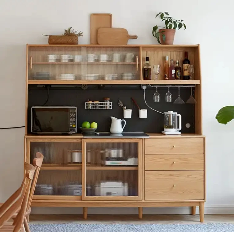 Oak solid wood sideboard cabinet Wooden Sideboard Buffet with Glass Doors Shelves and Drawers, Large Storage Cabinet
