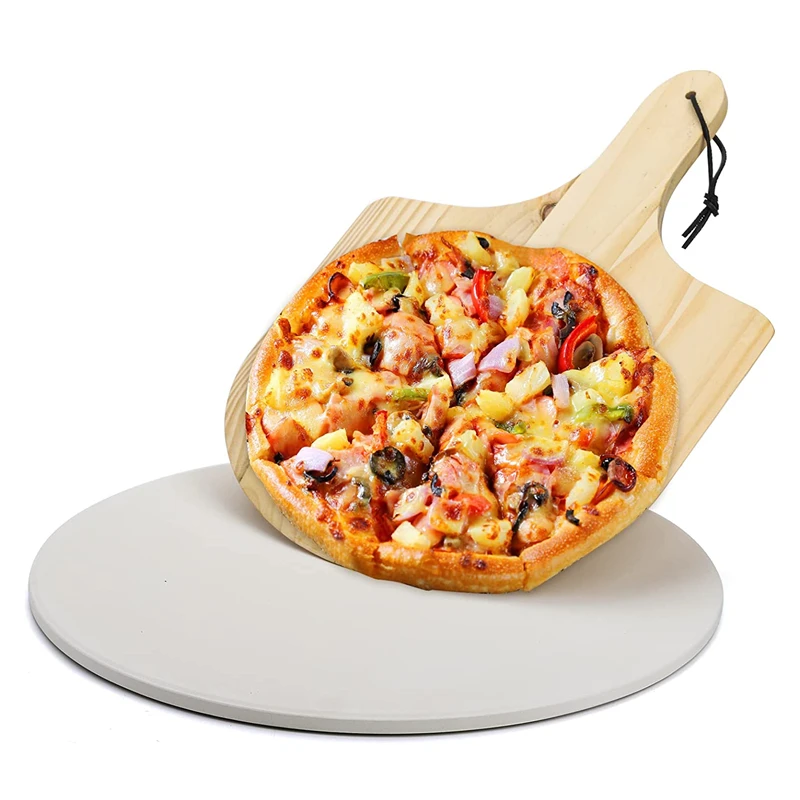Heavy Duty Round Cordieriate Pizza Stone With Wood Pizza Peel Paddle 13 Inches Pizza Stone Set