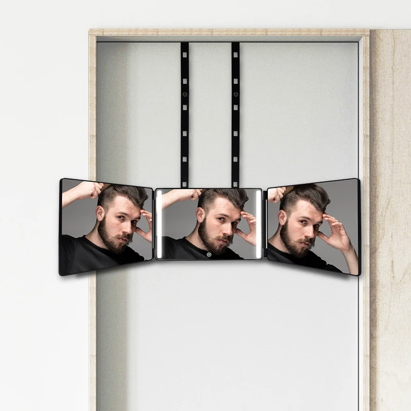 trifold folding self haircut mirror 3 way self cut mirror 360 with lights