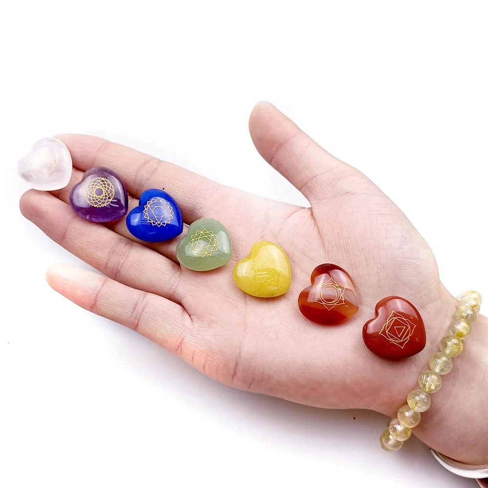 7pcs Chakra Natural Stones Beads Ornament for Jewelry Making Engraved Symbols Polished Stone Reiki Healing Stone Divination Gift
